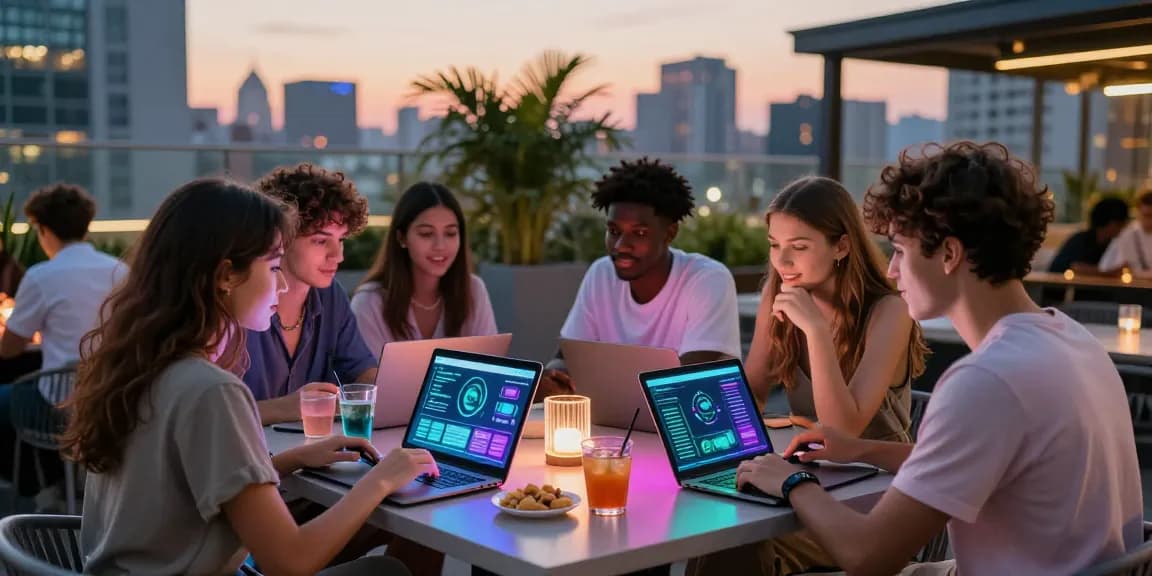Friends engaging with AI 18+ technology at a lively rooftop gathering.