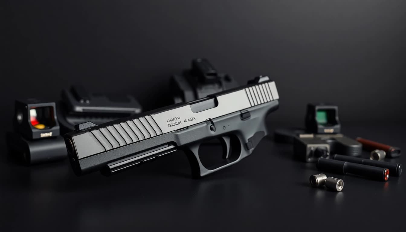 Showcase of a glock 43x slide featuring intricate details and accessories in a professional setup.