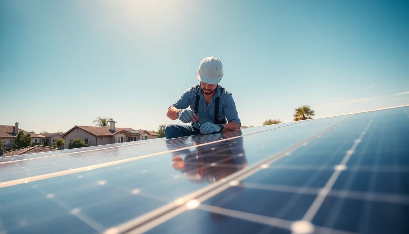 Technician performing solar panel repair near me, ensuring optimal functionality in residential settings.