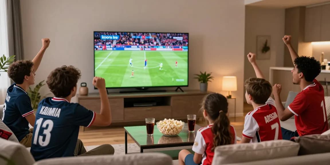 Excited fans enjoying koora live match in a cozy sports-themed living room.