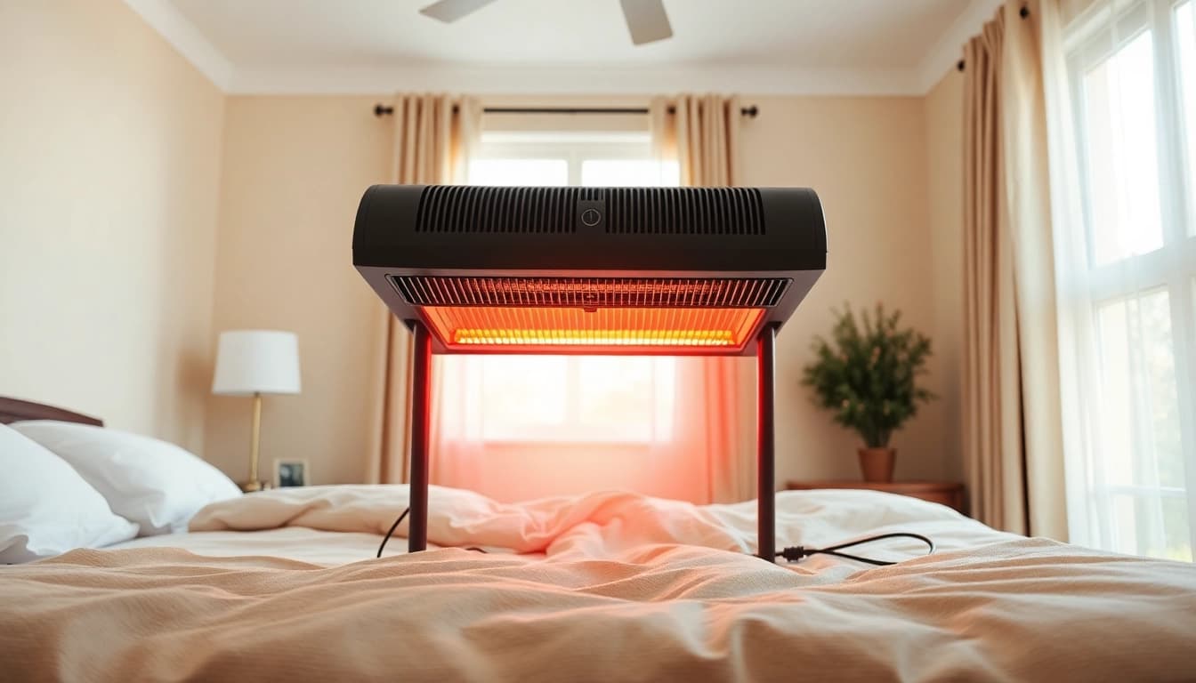 Visual representation of bed bug heat treatment setup in a well-lit bedroom.