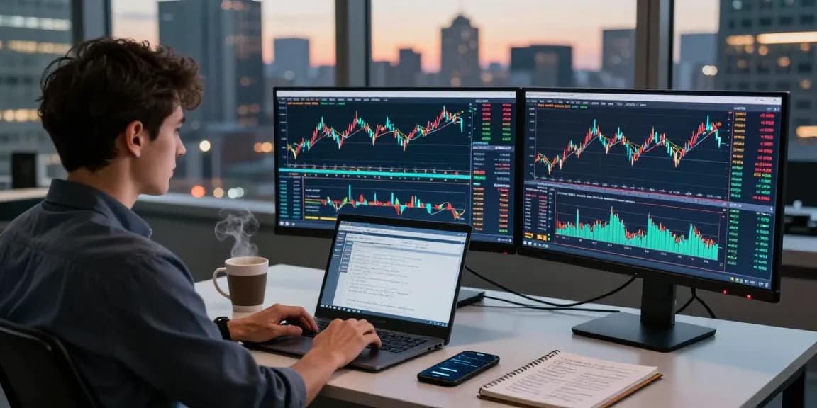 Trader analyzing forex market trends on mt4 software in a modern workspace.