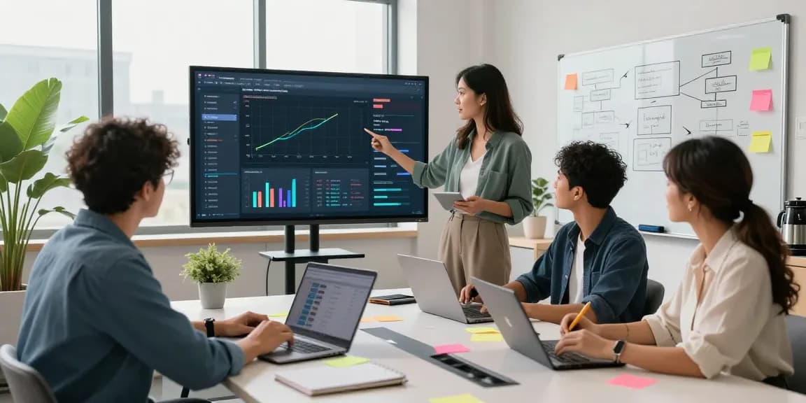 Team collaborating to build internal tools with AI in a modern workspace, showcasing analytics and brainstorming.