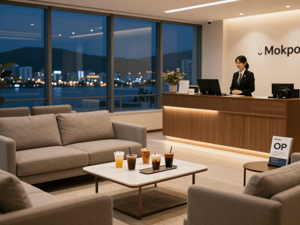 단밤오피의 아늑하고 세련된 사무공간, 목포시의 야경과 함께 고객을 환영하는 모습
