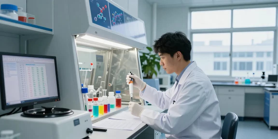 Research peptides supplier rankings analyzed in a modern laboratory setting with scientists and equipment.