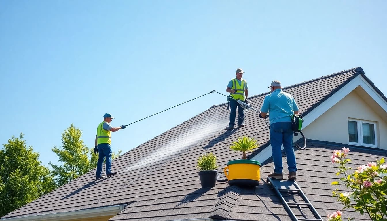 Roof Cleaning service showcasing team members cleaning roof shingles with care and professionalism.