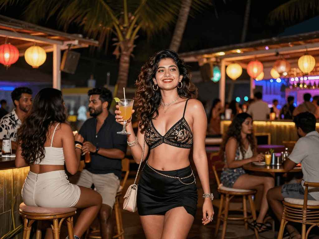 Call girls in Goa enjoying a lively night out at a beach club, showcasing beautiful women in vibrant ambiance.