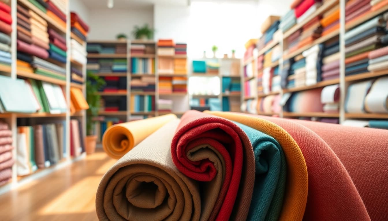 Kwantum skai leer fabric rolls highlighting colors and textures in a professional fabric showroom.