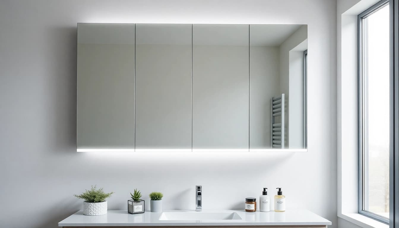 Spiegelschrank Bad mit Beleuchtung in einem modernen Badezimmer mit stilvollen Details.