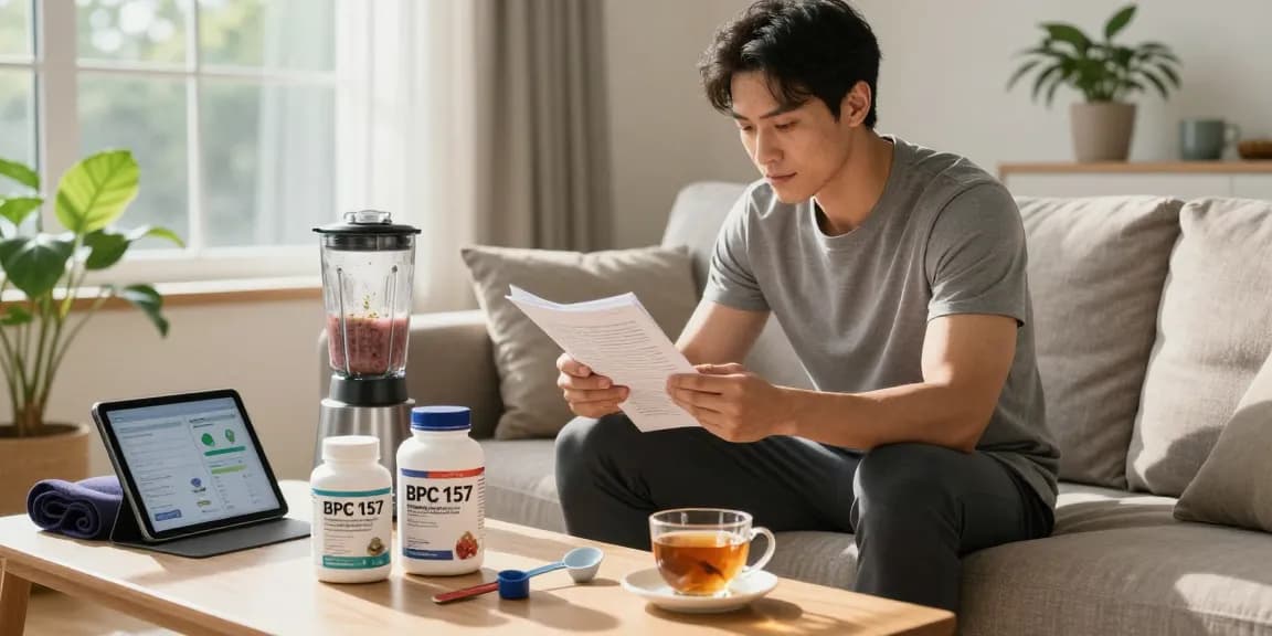BPC 157 Benefits shown in a modern wellness setting with supplements and health literature.