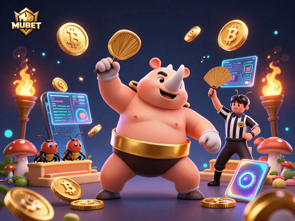 MUBET showcases a dynamic 3D casino scene featuring a beetle champion and crypto elements for thrilling gameplay.