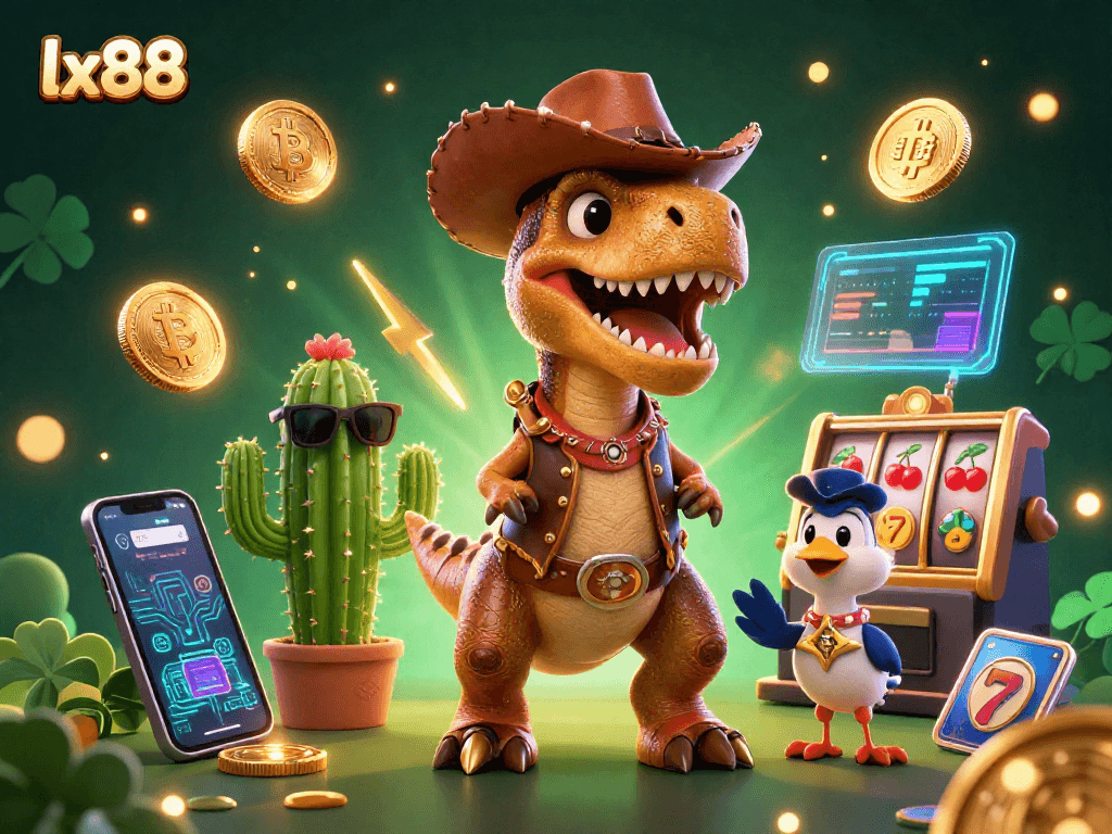 Engage with the innovative lx88 gaming experience featuring a cowboy dinosaur and cryptocurrency elements.