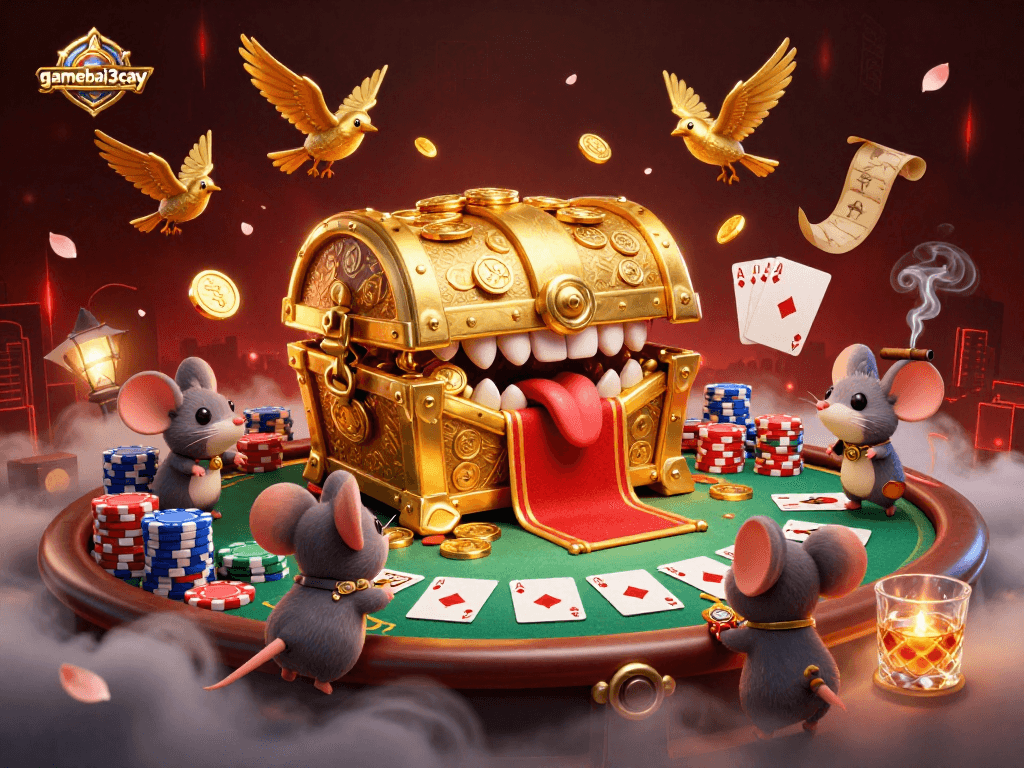 gamebai3cay showcases a treasure chest lure with poker elements in a vibrant casino setting