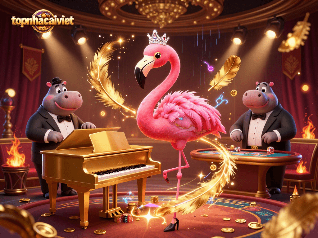 Experience topnhacaiviet excitement with a lively casino scene featuring flamingo and hippo musicians.