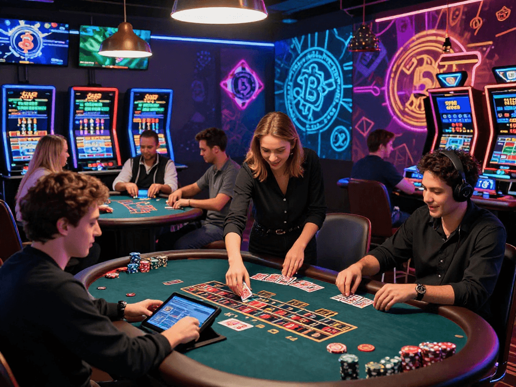 Exciting crypto casino scene with players enjoying games and high-tech displays.