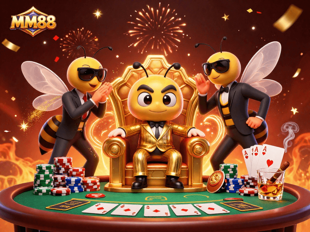 Experience thrilling gaming at MM88 with a vibrant 3D scene featuring a bumblebee mob boss and dynamic casino elements.