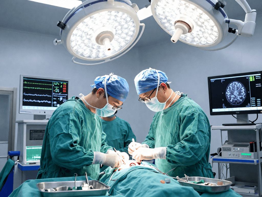 The detailed image depicts a beyin tümörü ameliyatı, showcasing a neurosurgeon in action, surrounded by a skilled team and advanced surgical equipment in a focused operating room.
