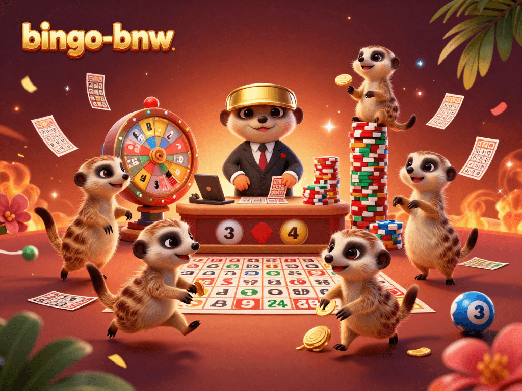 Engage in thrilling bingo-bnw gameplay with excited meerkats in a vibrant casino atmosphere.