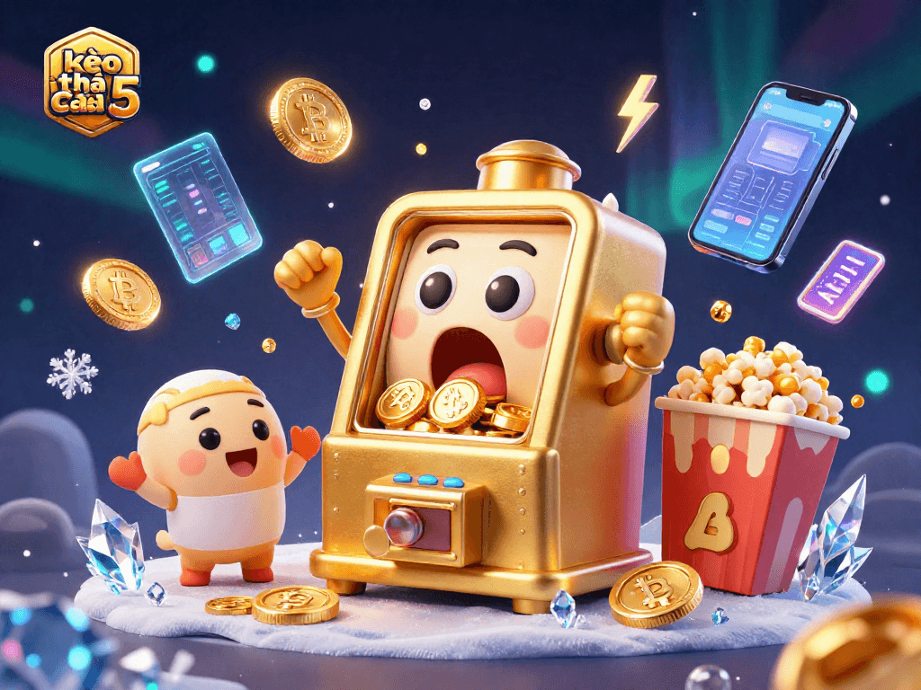 Spinning kèo nhà cái 5 slot machine hits jackpot, with cheering mini slots and crypto elements.