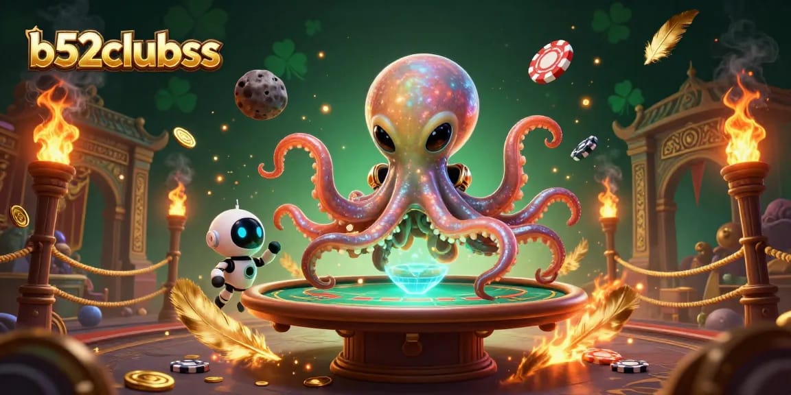 Experience excitement at b52clubss with a vibrant illustration showcasing an alien octopus playing poker.