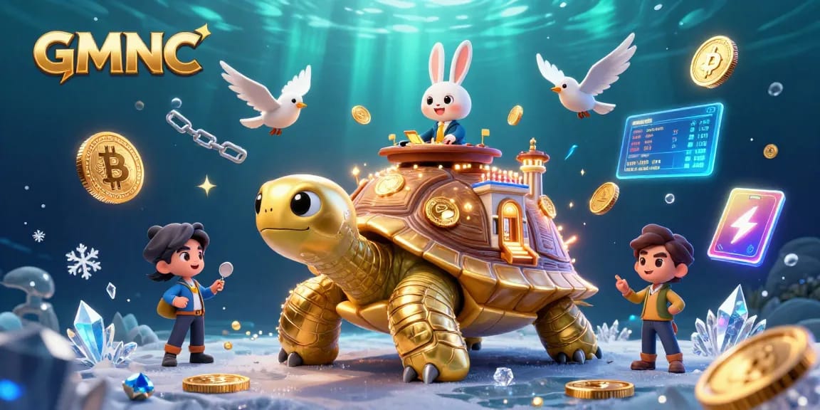 Experience GMNC's vibrant casino scene filled with golden coins and dynamic crypto elements.
