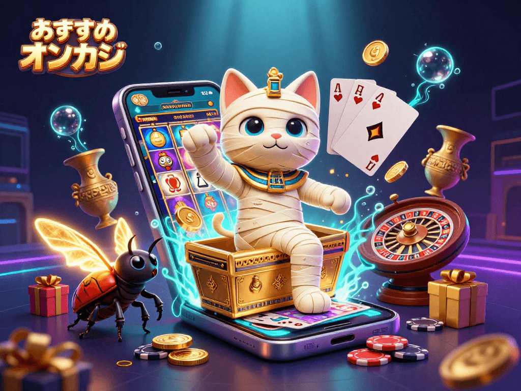 おすすめオンカジで楽しむカジノアプリを象徴するイラスト、エジプトのミイラ猫とスカラベが描かれています。