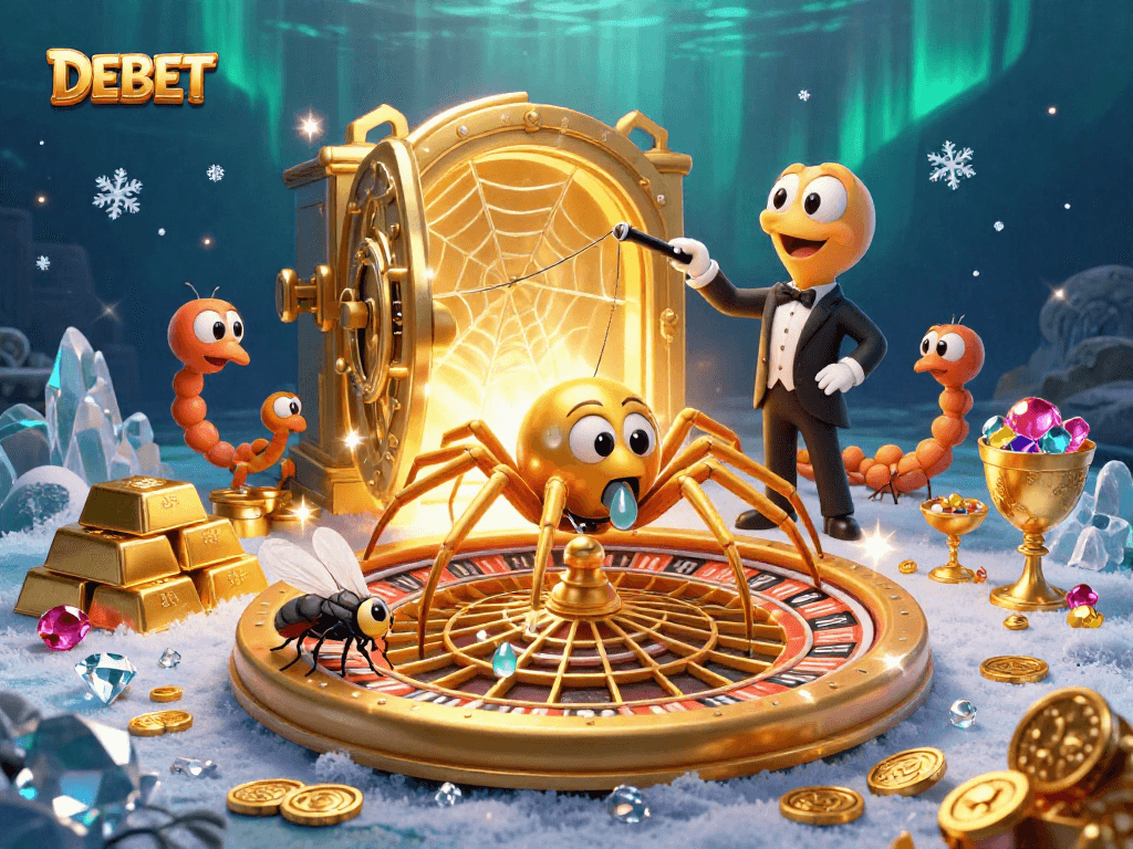 Experience thrilling betting at DEBET with a golden spider spinning a roulette web in a lively casino scene.