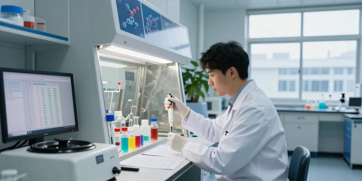 Research peptides supplier rankings analyzed in a modern laboratory setting with scientists and equipment.