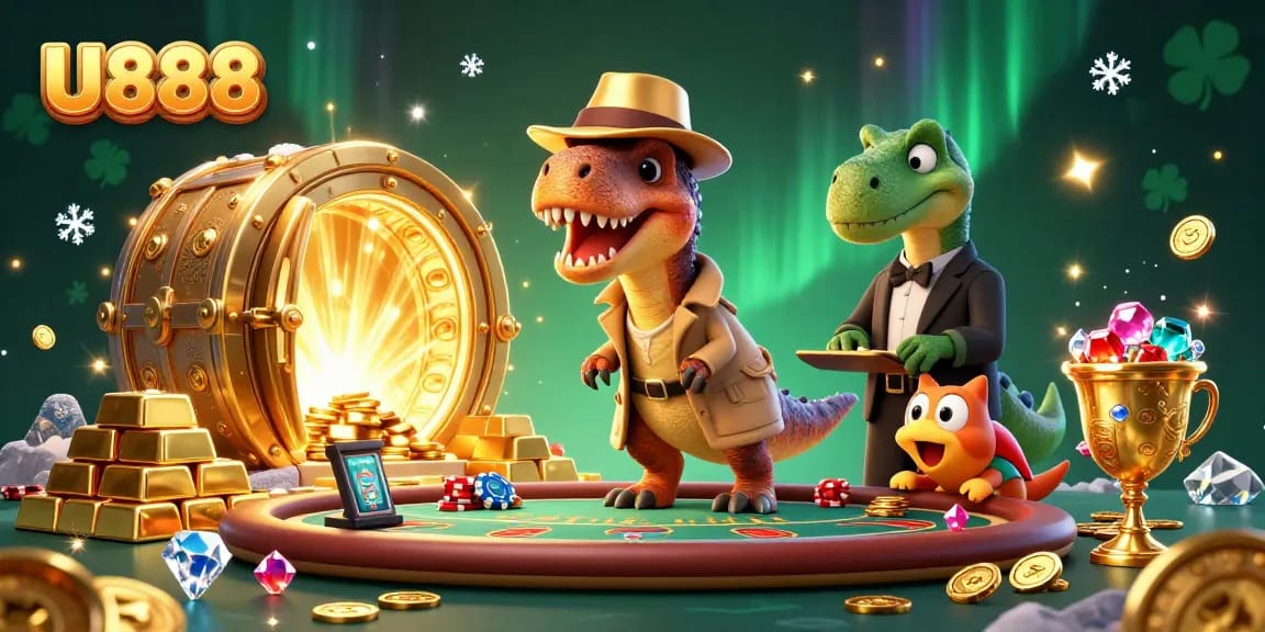 U888 players enjoy casino thrills with an animated velociraptor counting cards at the blackjack table.