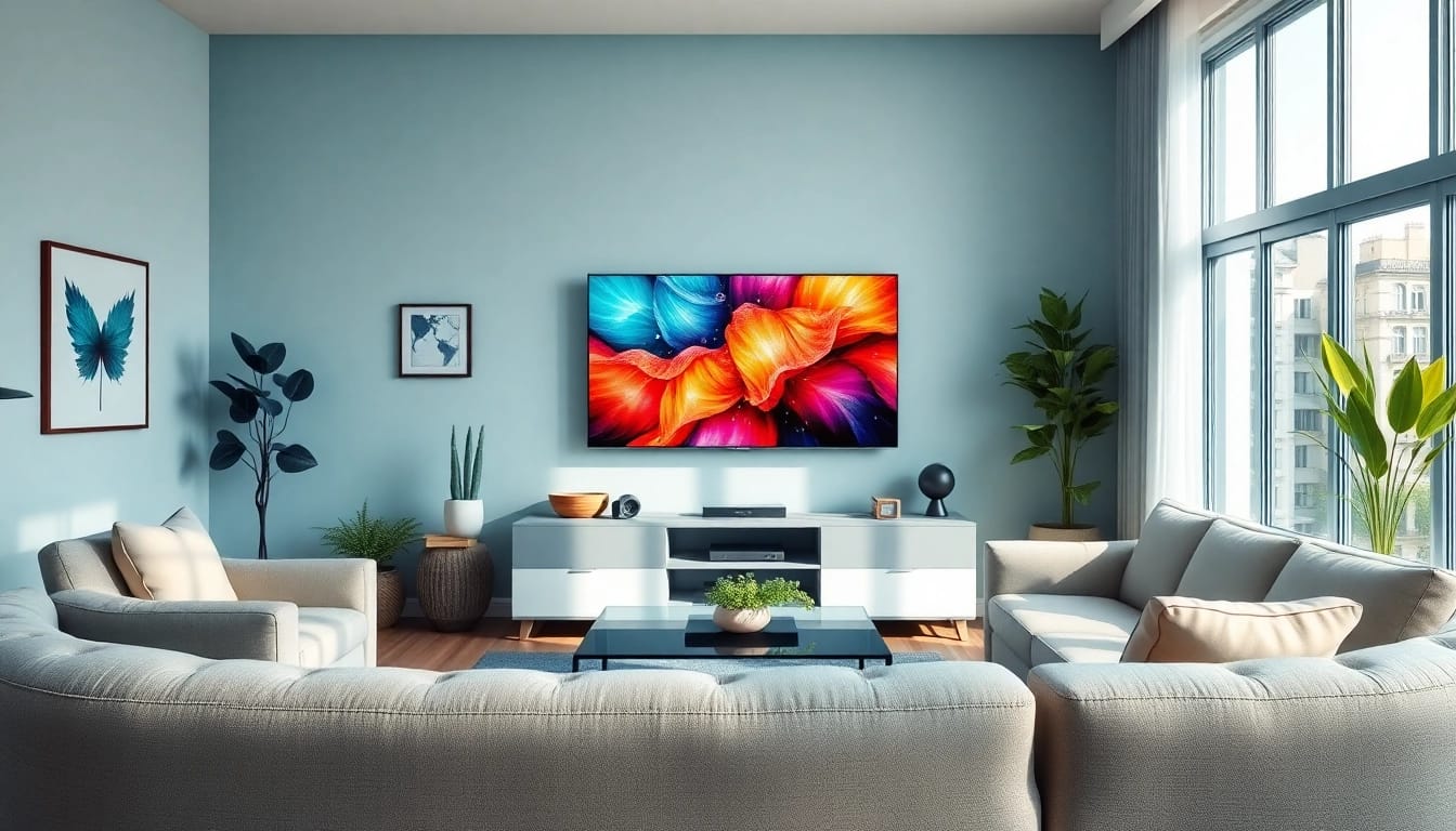 Showcase a modern living room with a vibrant TV display, promoting free iptv trial experience.