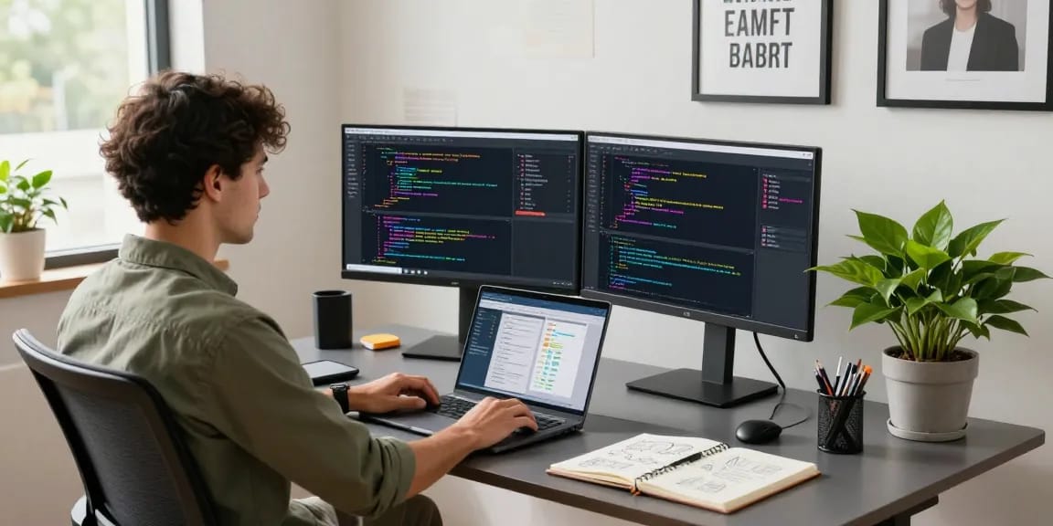Developer coding in a vibrant workspace, showcasing modern tech environment with 456bd elements.