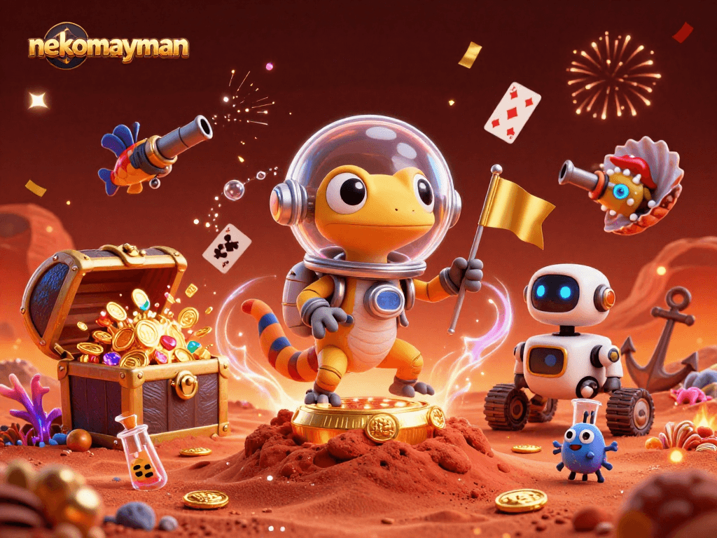 Experience nekomayman magic as vibrant aliens party with gold coins and casino treasures.