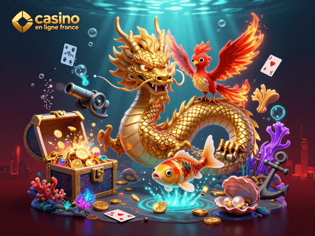 Jouez dans un casino en ligne en France avec un puissant dragon doré, un phénix et un koï chanceux entourés de pièces d'or.