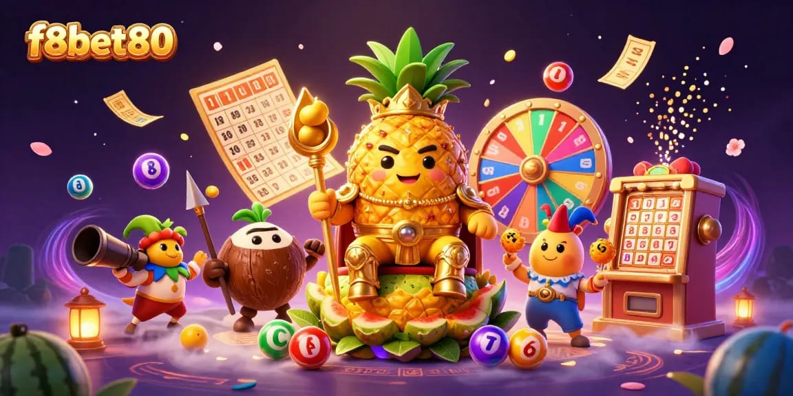 Experience f8bet80's vibrant casino scene with a king and jester amidst lottery excitement.