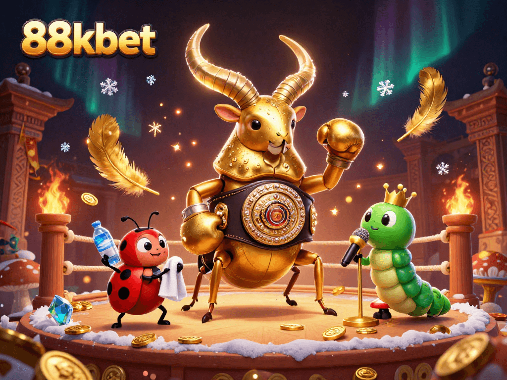 Bet on 88kbet with fun, vibrant 3D illustration featuring a boxing beetle and engaging casino elements.