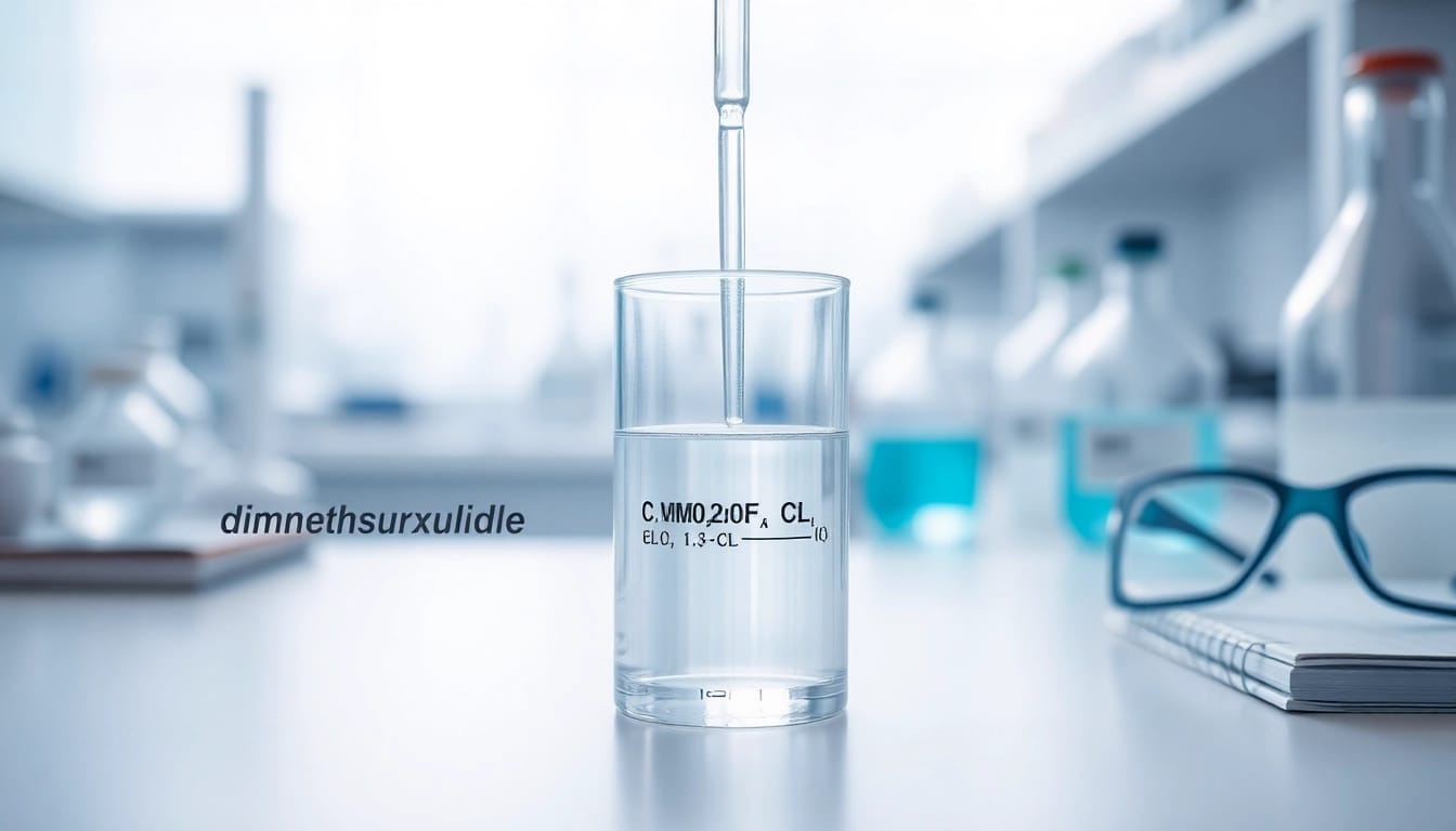 Showcasing dimethylsulfoxide in a laboratory setting with scientific equipment.