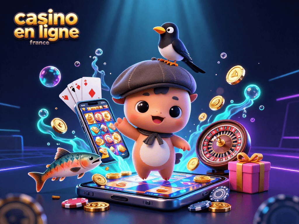 Découvrez le casino en ligne France avec l'illustration animée de Nessie, jouant à des jeux de casino.