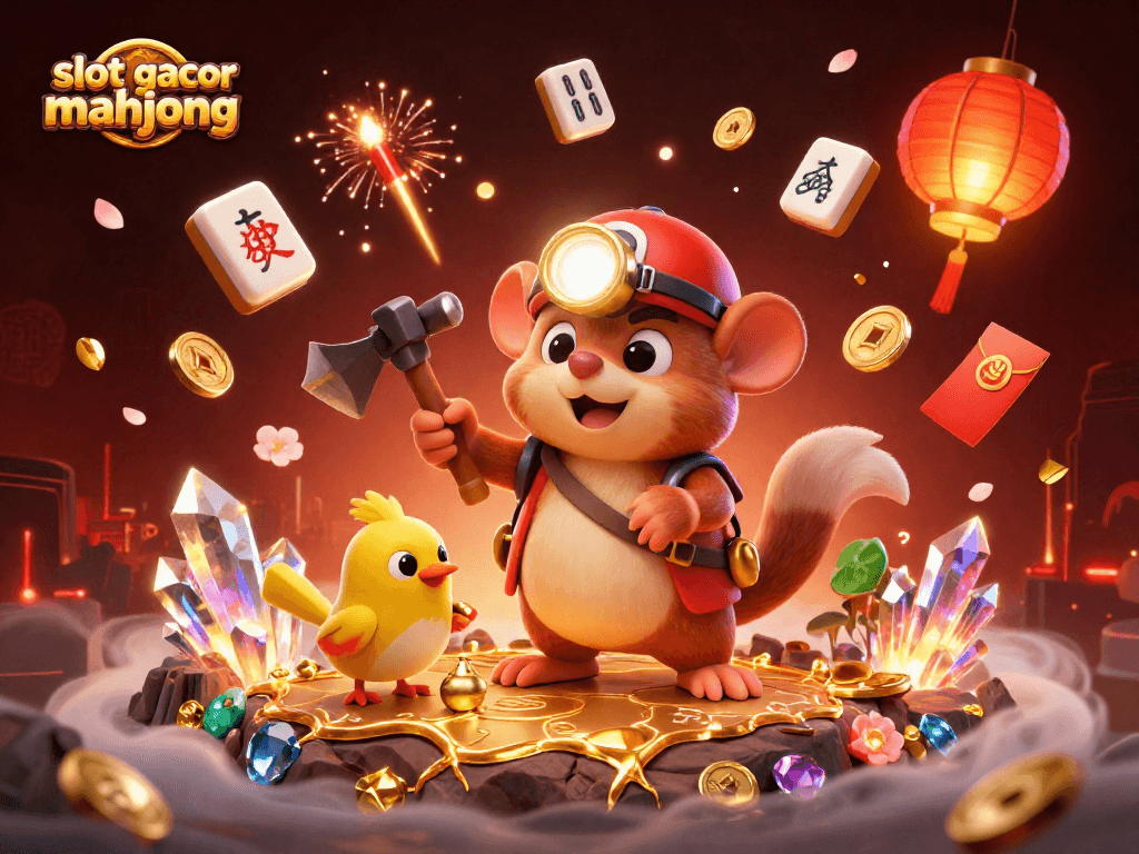 Experience thrilling adventures in slot gacor mahjong with a cartoon mining scene full of treasures.