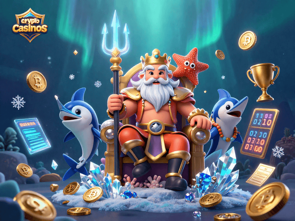 Explorez les crypto casinos avec la magie de Neptune, des éléments de blockchain et des pièces d'or scintillantes.