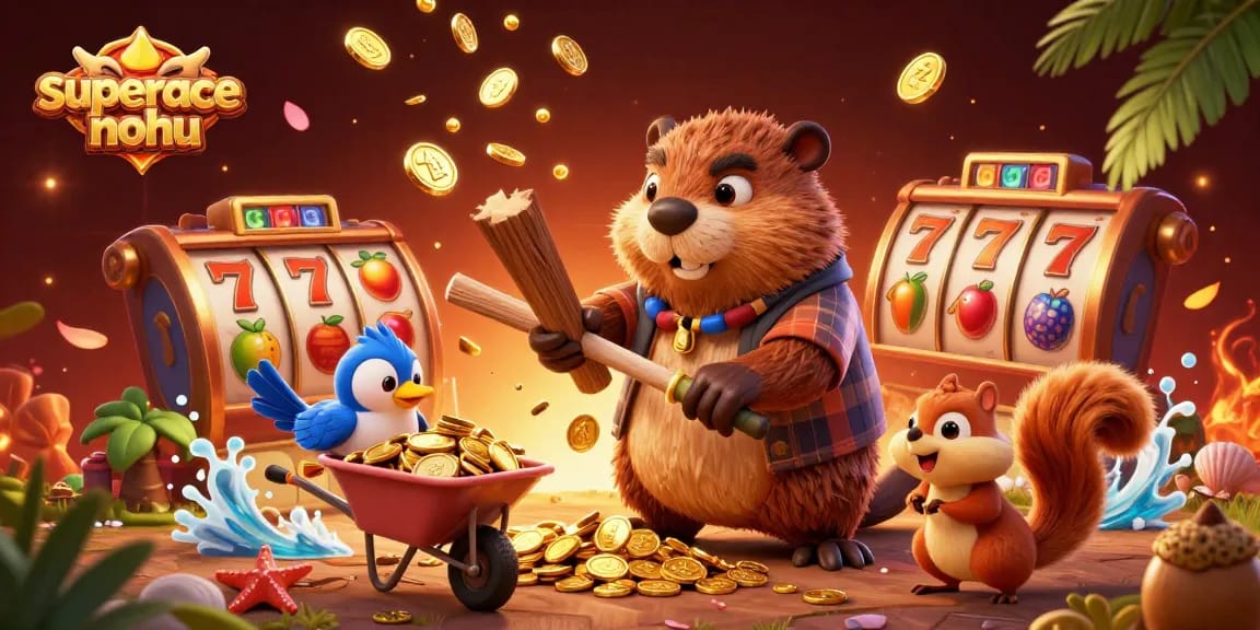 Experience the excitement of superace-nohu as a beaver collects gold coins amidst vibrant slot elements.