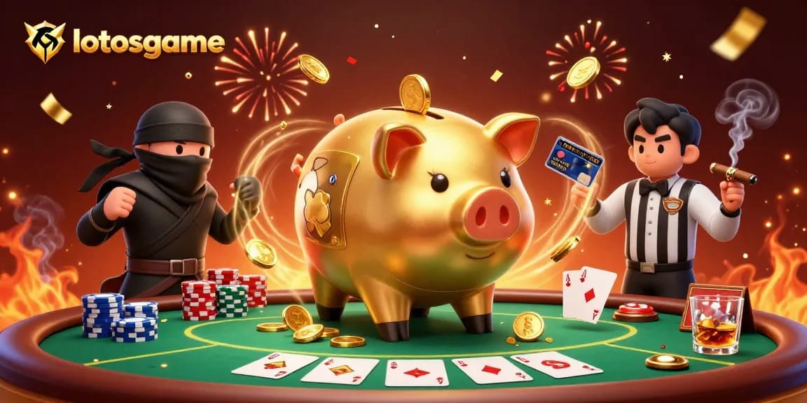 Engage with the exciting world of lotosgame, showcasing a golden piggy bank sumo wrestler and dynamic casino game elements.