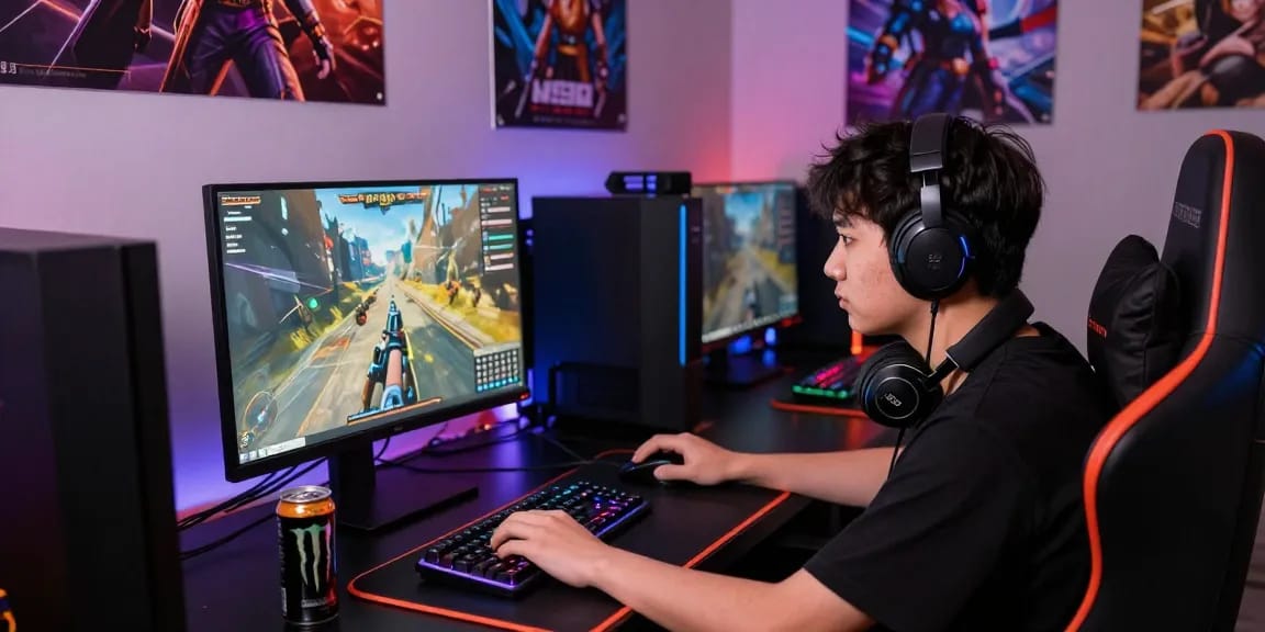 M98 ล๊อตเว็บตรง 2026 online gaming setup with a player focused on screen and vibrant RGB lights