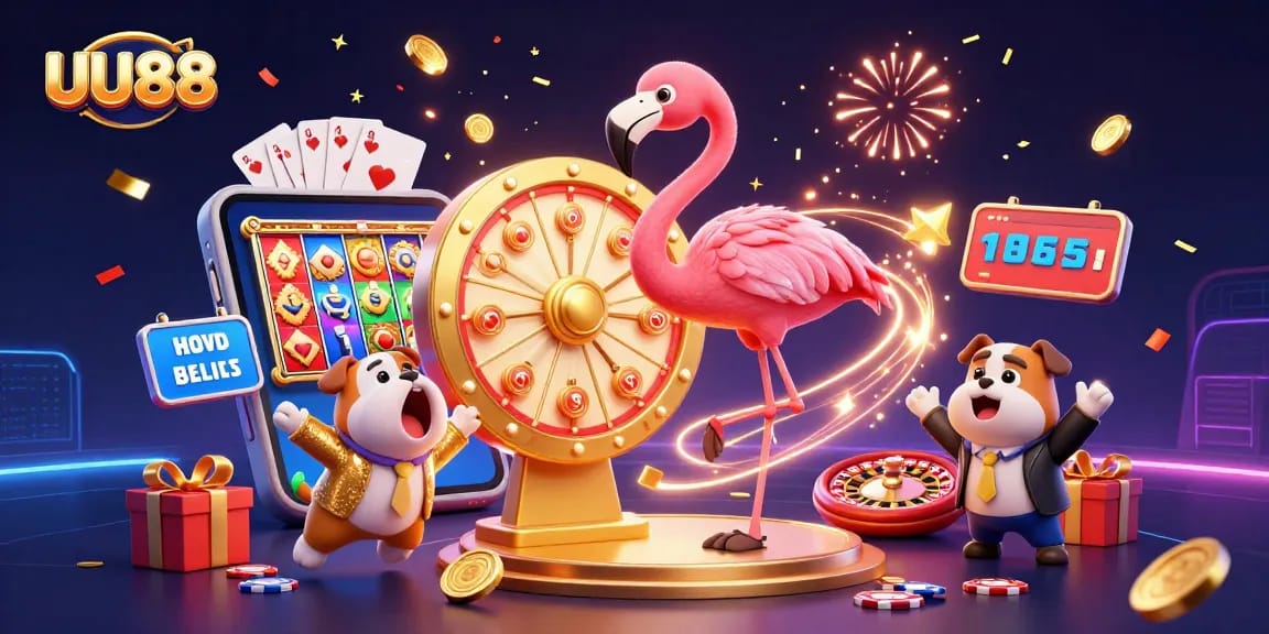 UU88 attracts players with an exciting scene of a prize wheel, slot games, and celebratory effects.