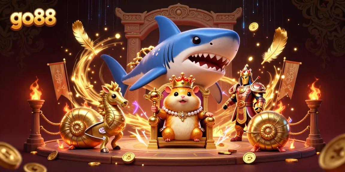 Explore the thrilling world of go88 while the golden hamster king reigns from his megalodon throne.