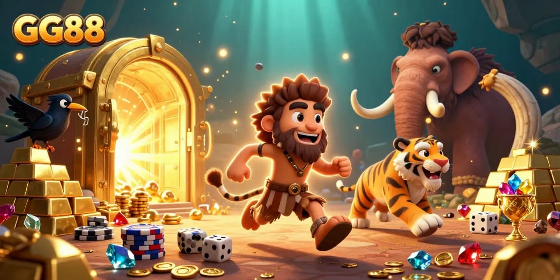 Experience the excitement of GG88 with a prehistoric casino scene featuring vibrant 3D characters and treasure.