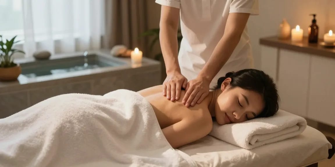 마사지 중인 여성과 아로마 오일, 아늑한 스파 룸