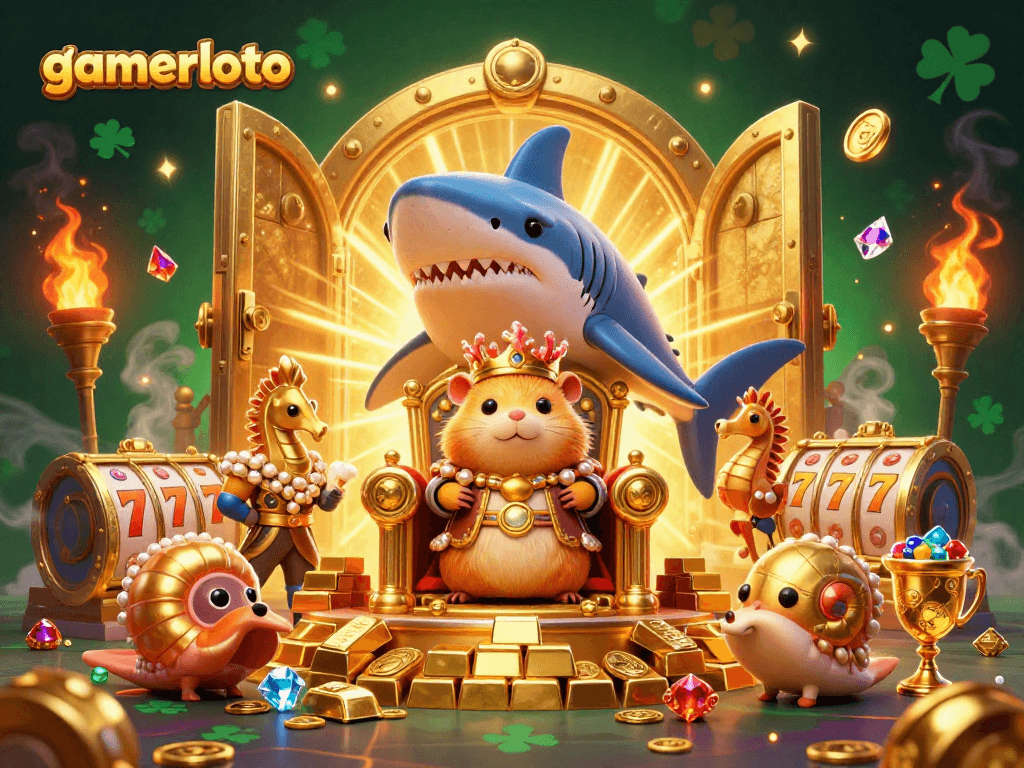 Experience the thrilling adventure of gamerloto with a majestic golden hamster king surrounded by treasures and vibrant slot reels.