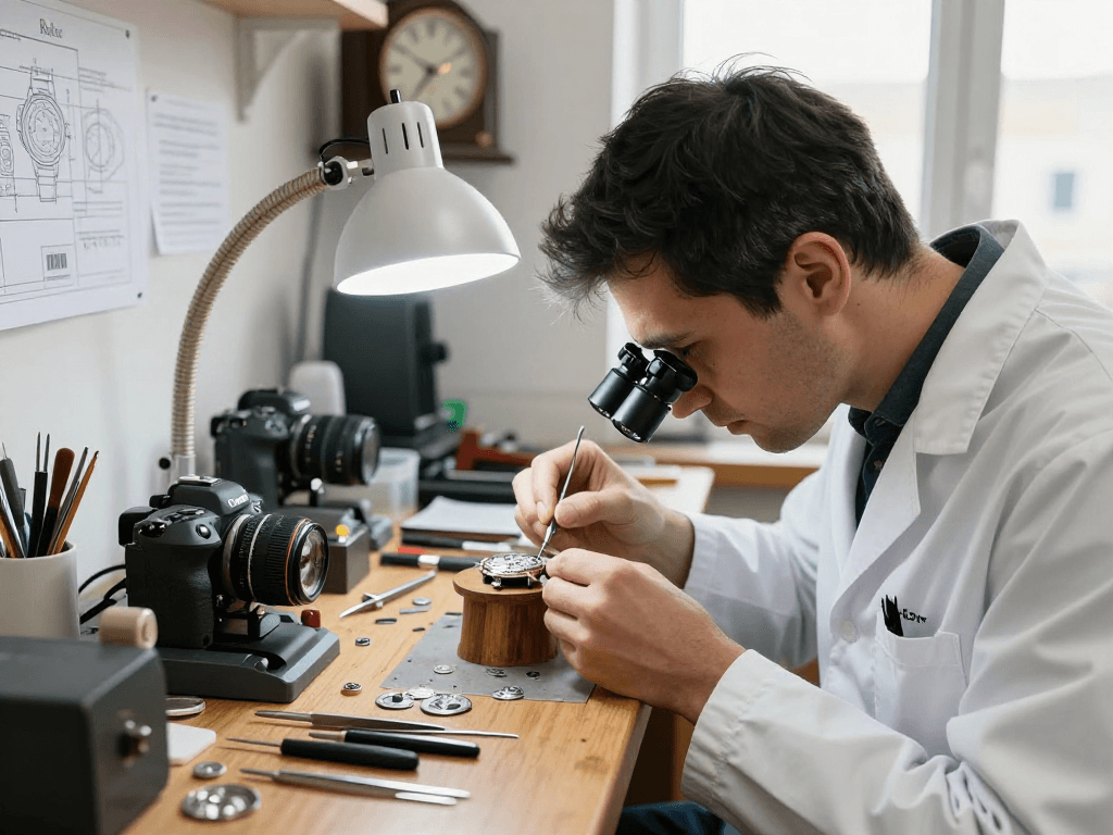 Rolex 3135 compatible movement parts meticulously arranged in a watch repair workshop, highlighting precision tools and skilled craftsmanship.