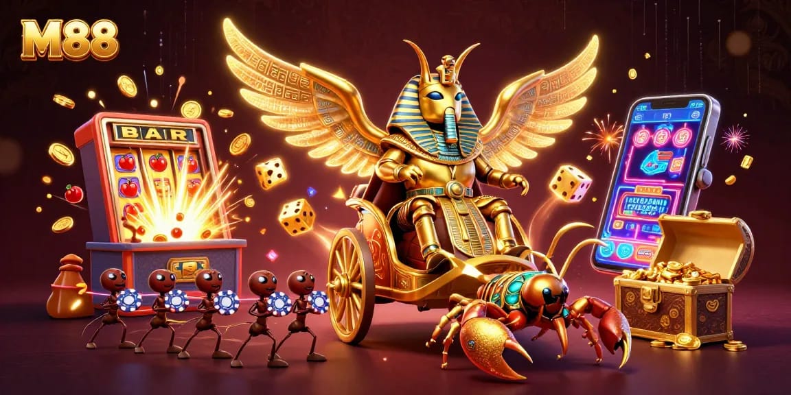 M88 brings thrilling gaming excitement featuring a golden scarab and rich casino elements.