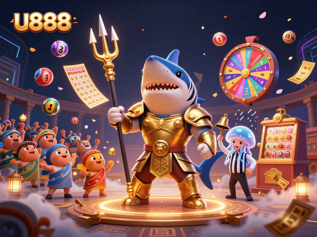 Experience thrilling gaming with u888 as a 3D shark gladiator challenges in a vibrant casino world.